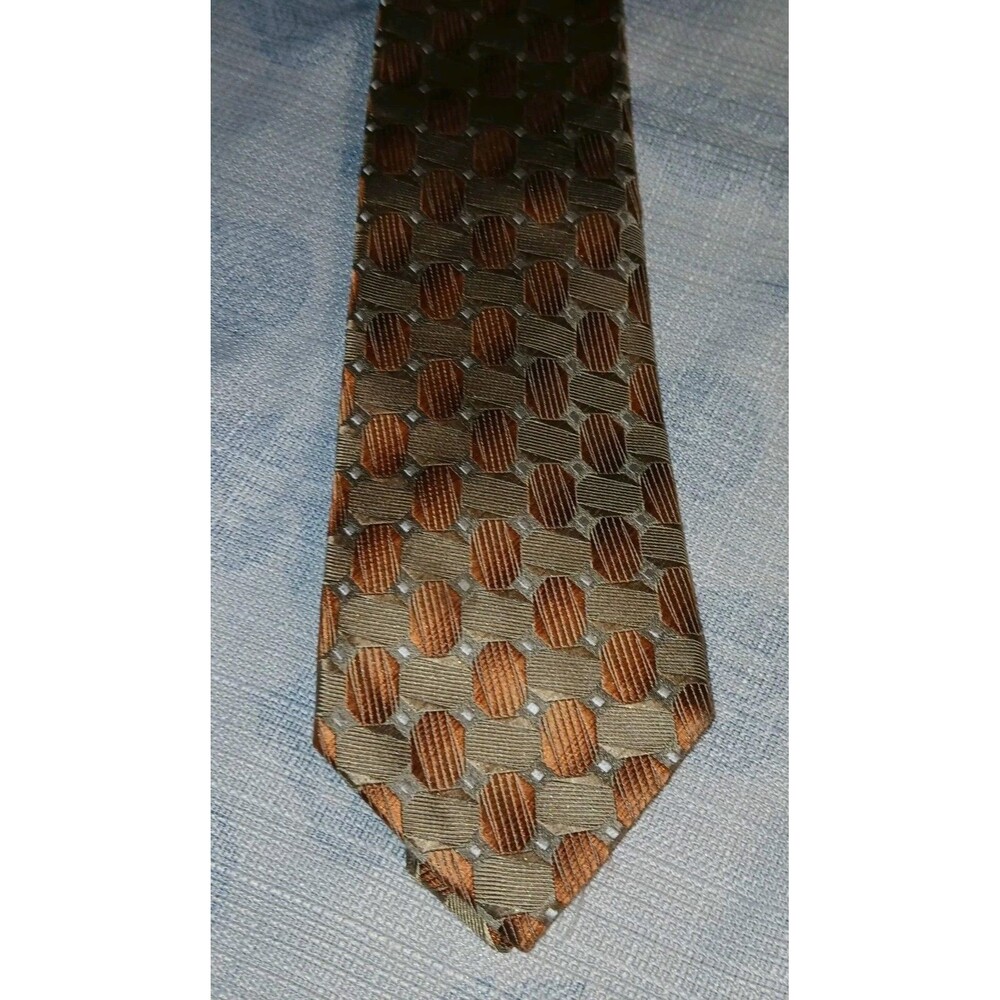 John Ashford 100% Silk Tie Stain Resistant Gold Tan Abstract Art Print Classic